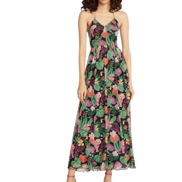 Betsey Johnson PAULINA TROPICAL PRINT HALTER MAXI DRESS IN RAVEN BLACK M - Picture 1 of 5